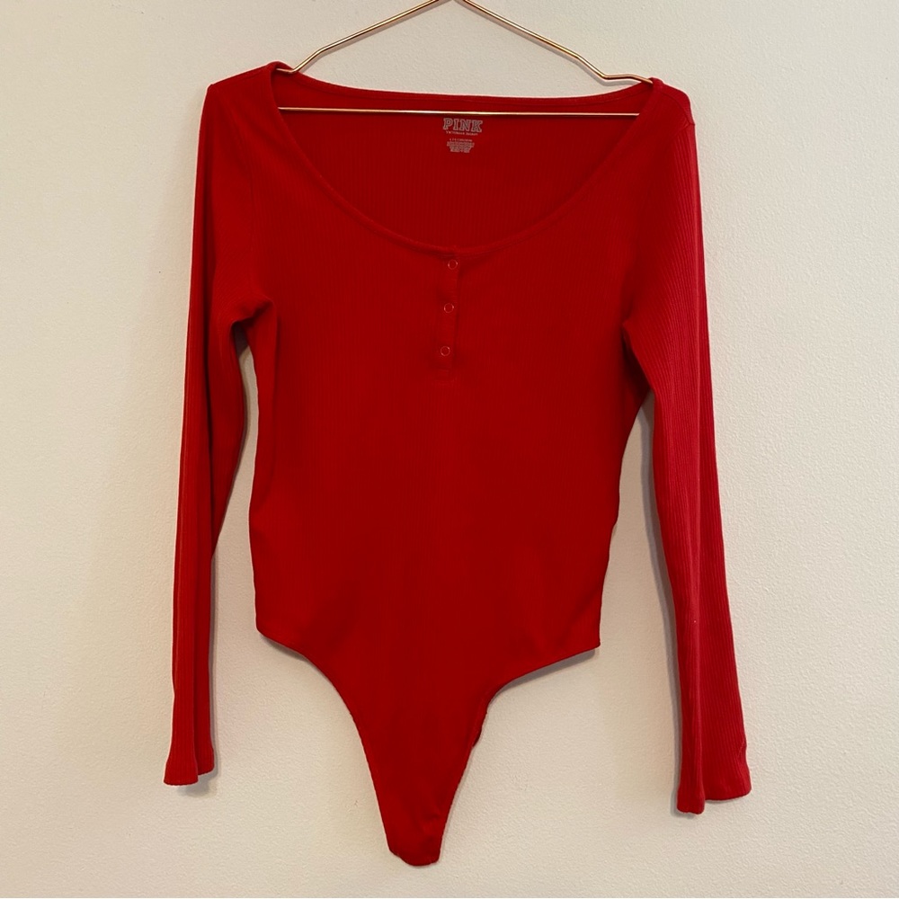 Victorias Secret Pink Red Ribbed Thermal Long Sleeve Thong Bodysuit Large